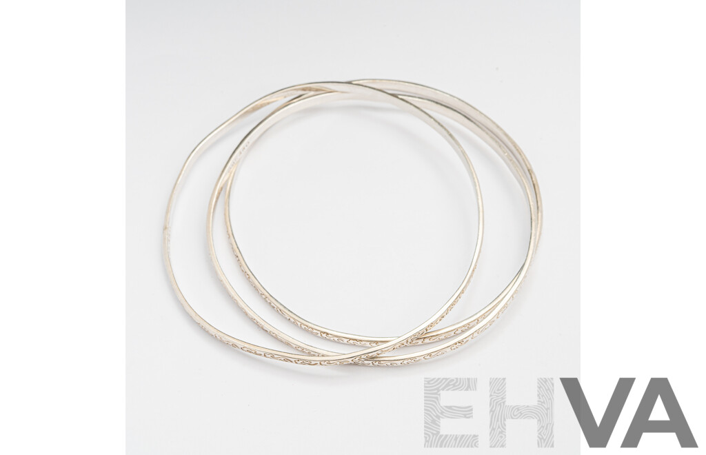 Sterling Silver (3) Thin Vintage Patterned Stacking Bangles, 64mm, 18.67 Grams