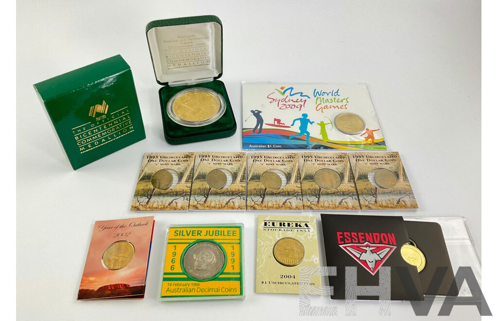 Australian Commemorative One Dollar Coins Including 1995 Waltzing Matilda 'S' Mint Mark(5) 2004 Eureka, 2022 AFL Essendon, 2002 Year of Outback, 2009 World Masters Games, 1991 Fifty Cent 25 Years Decimal Currency...........