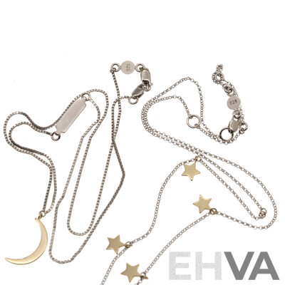 Mimco Sterling Silver (2) Necklaces with Moon & Stars, 45cm Each, 7.95 Grams