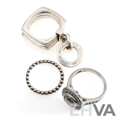Sterling Silver 'Von Treskow' Ring, Size N & Sterling Silver CZ Travel Ring with Patterned Plain Band Ring, 17.75 Grams
