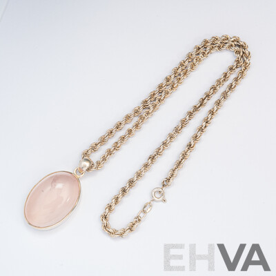 Sterling Silver Rose Quartz Pendant on Vintage Sterling Silver Rope Link Necklace, 38cm, 25.60 Grams