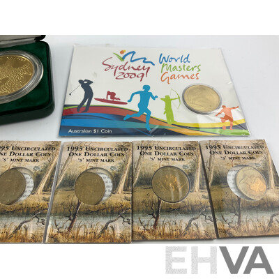 Australian Commemorative One Dollar Coins Including 1995 Waltzing Matilda 'S' Mint Mark(5) 2004 Eureka, 2022 AFL Essendon, 2002 Year of Outback, 2009 World Masters Games, 1991 Fifty Cent 25 Years Decimal Currency...........