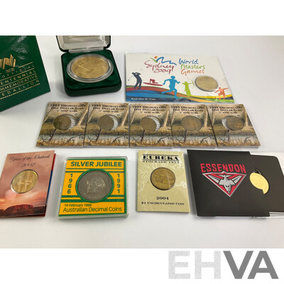 Australian Commemorative One Dollar Coins Including 1995 Waltzing Matilda 'S' Mint Mark(5) 2004 Eureka, 2022 AFL Essendon, 2002 Year of Outback, 2009 World Masters Games, 1991 Fifty Cent 25 Years Decimal Currency...........