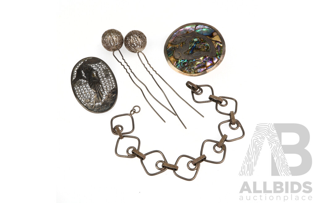 Vintage (2) Sterling Silver Filigree Hair Pins with Vintage Brooches and Bracelet, Including Filigree Brooch with Lady Made in Palestine, 36.24 Grams