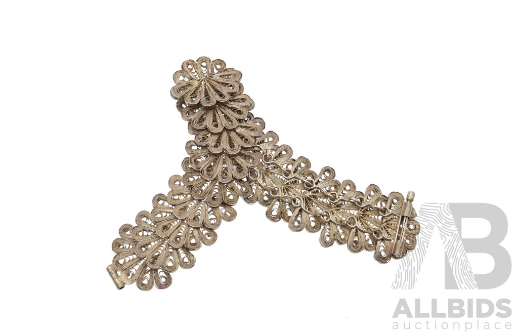 Beautiful Vintage Sterling Silver Filigree Flower Bracelet with Pin Clasp, 19cm, 43.79 Grams