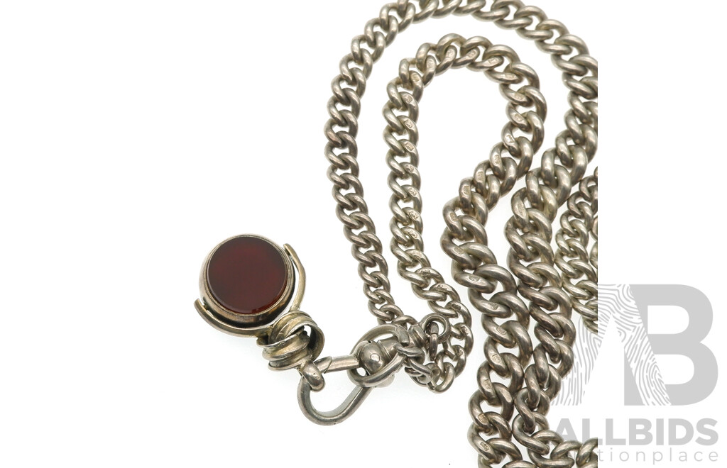 Antique Birmingham Sterling Silver 1884 Bloodstone Carnelian Spinner Pendant on Birmingham 1886 Curb Link Fob Chain, 41.30 Grams