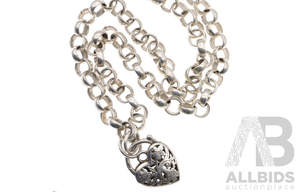 Solid Sterling Silver Belcher Link Necklace with Filigree Heart Padlock Clasp, 45cm, 46.73 Grams