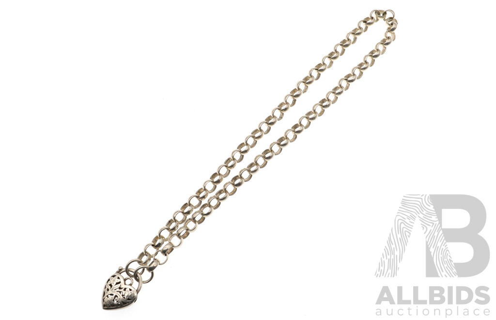 Solid Sterling Silver Belcher Link Necklace with Filigree Heart Padlock Clasp, 45cm, 46.73 Grams