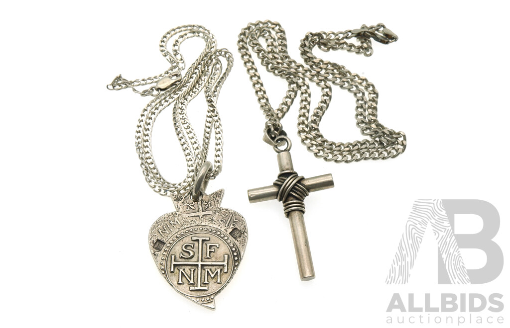 Daniel Magnus Sterling Silver/14K Pendant on SS Chain 58cm and Sterling Silver Cross Pendant on SS Flat Curb Link 55cm Chain, 68.16 Grams