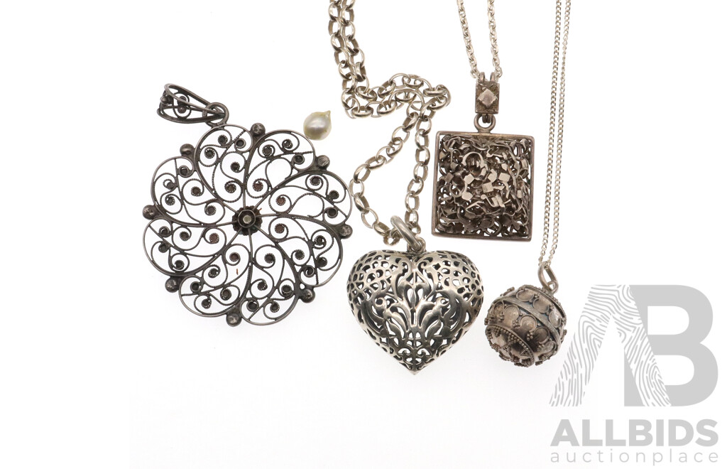 Collection of Beautiful Sterling Silver Vintage Pendants and Chains, Including Filigree Puffy Heart and FW Pearl Set Mandala Pendant, 83.30 Grams