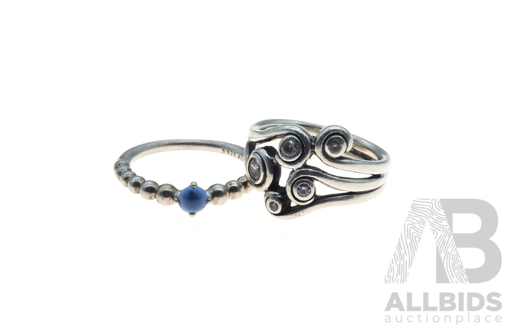 Pandora Ocean Wave Cz Ring, Size N - Retired & Pandora Sky Blue Bead Ring, Size L, Retired - 8.00 Grams