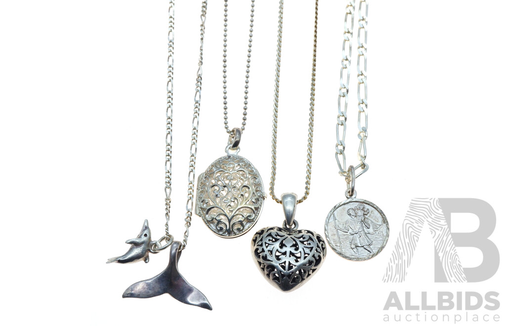 Sterling Silver (4) Pendant Collection with Chains, Including Puffy Filigree Heart Pendant and Filigree Locket, 26.95 Grams