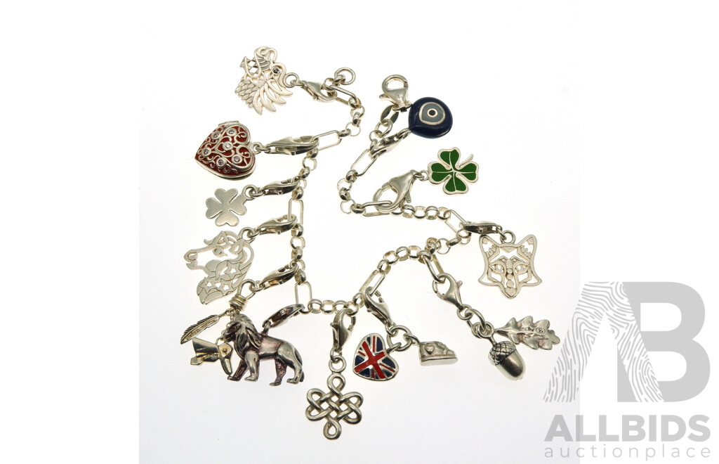 Sterling Silver Charm Bracelet with (12) Removable Style Sterling Silver Charms with Enamel, 27.80 Grams