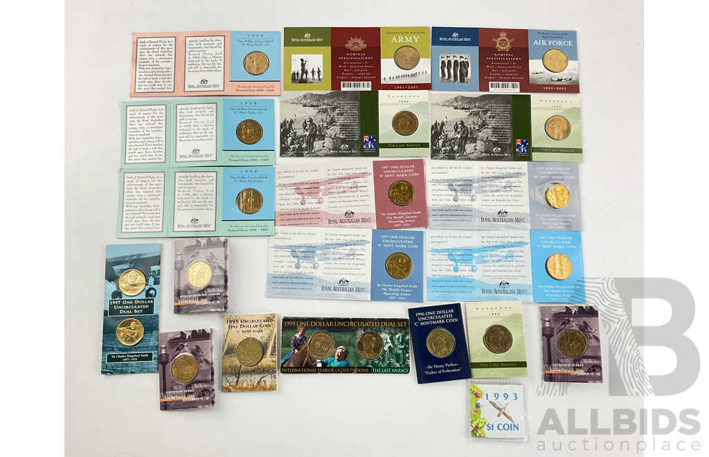 Collection of Australian RAM/Perth Mint  Commemrorative One Dollar Coins Including 1998 Howard Florey B and C Mint Marks, 1997 Kingsford Smith A, S, M, B Mint Marks, 1999 Last Anzacs C Mint Marks.....