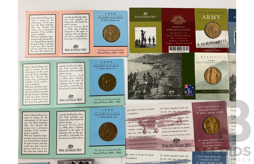 Collection of Australian RAM/Perth Mint  Commemrorative One Dollar Coins Including 1998 Howard Florey B and C Mint Marks, 1997 Kingsford Smith A, S, M, B Mint Marks, 1999 Last Anzacs C Mint Marks.....