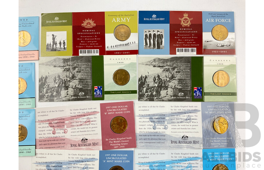 Collection of Australian RAM/Perth Mint  Commemrorative One Dollar Coins Including 1998 Howard Florey B and C Mint Marks, 1997 Kingsford Smith A, S, M, B Mint Marks, 1999 Last Anzacs C Mint Marks.....