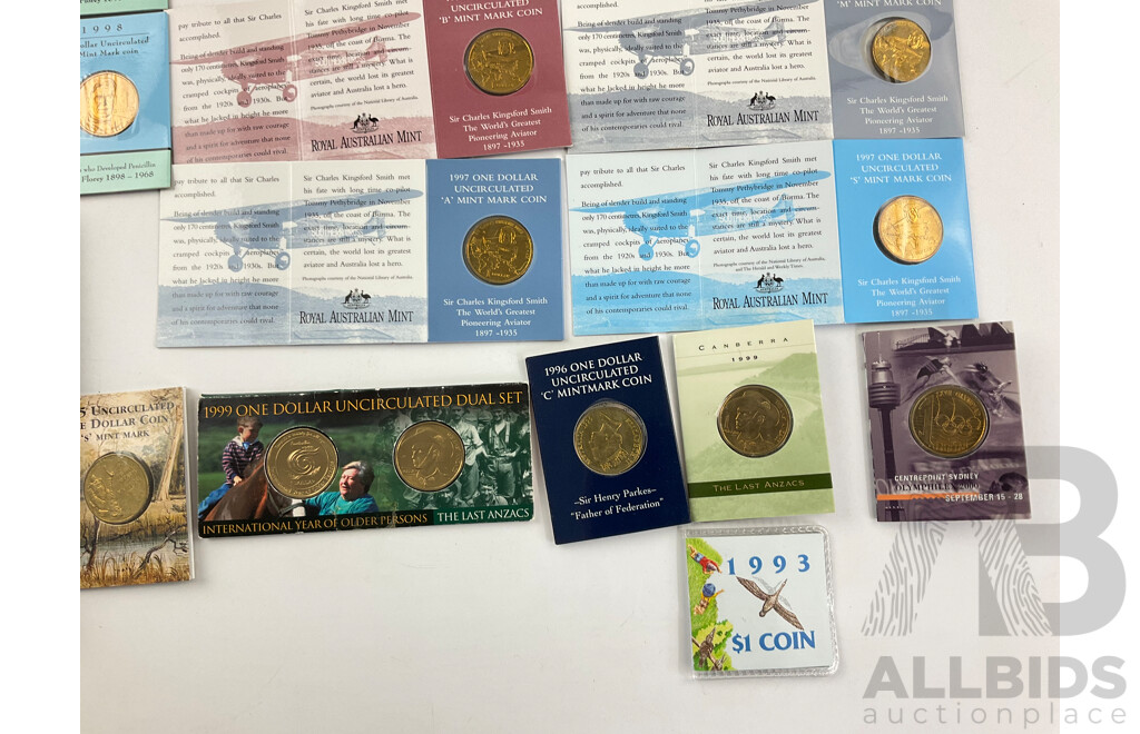 Collection of Australian RAM/Perth Mint  Commemrorative One Dollar Coins Including 1998 Howard Florey B and C Mint Marks, 1997 Kingsford Smith A, S, M, B Mint Marks, 1999 Last Anzacs C Mint Marks.....