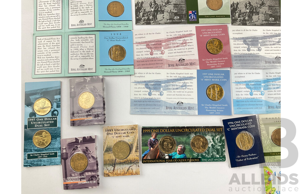 Collection of Australian RAM/Perth Mint  Commemrorative One Dollar Coins Including 1998 Howard Florey B and C Mint Marks, 1997 Kingsford Smith A, S, M, B Mint Marks, 1999 Last Anzacs C Mint Marks.....