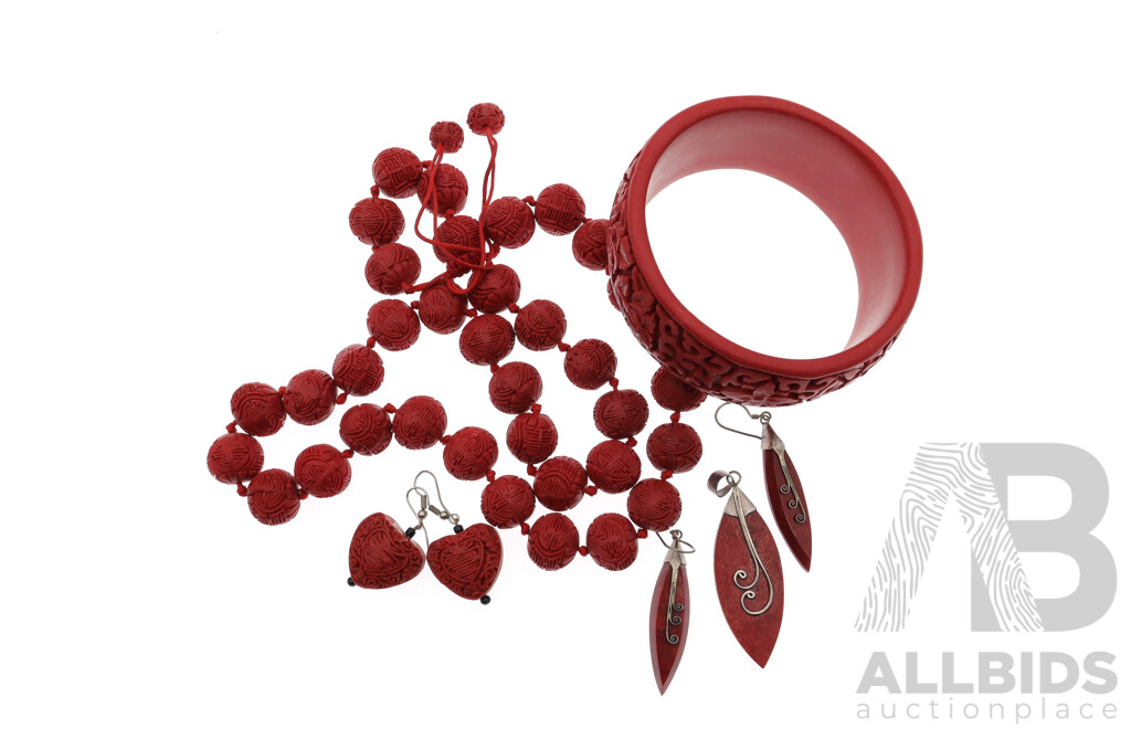 Collection of Vintage Chinese Ca rved Red Cinnabar Resin Jewellery Including Bangle, Prayer Beads and (2) Drop Earrings