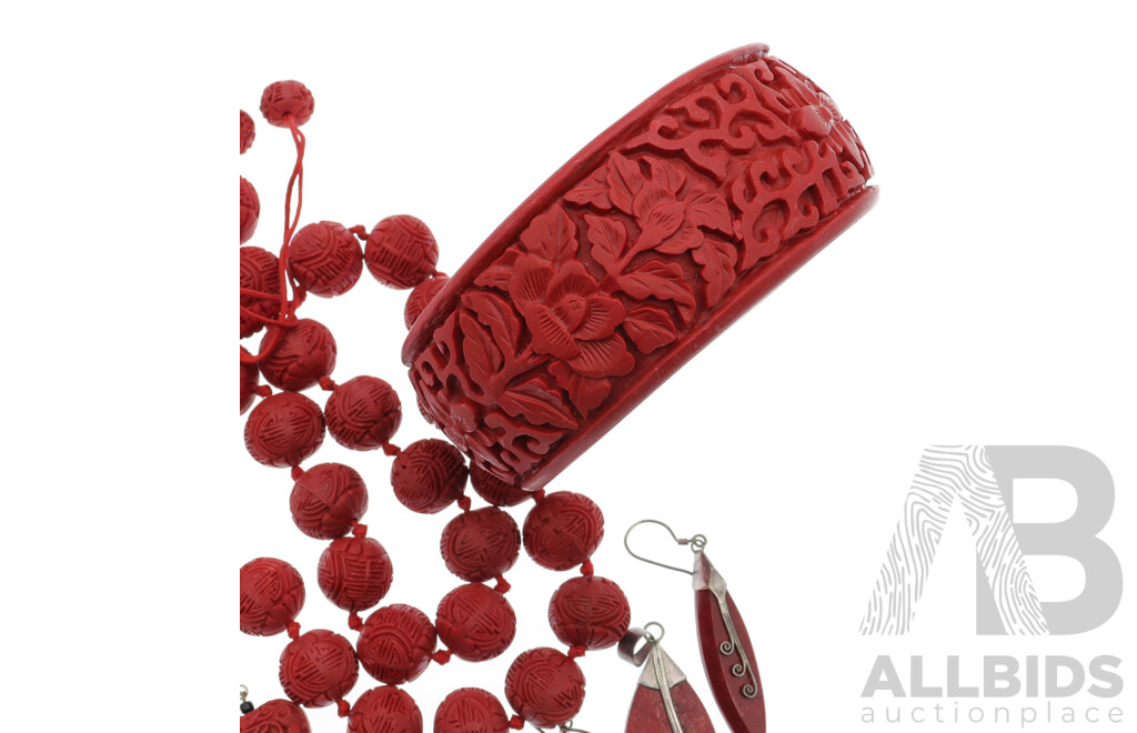 Collection of Vintage Chinese Ca rved Red Cinnabar Resin Jewellery Including Bangle, Prayer Beads and (2) Drop Earrings