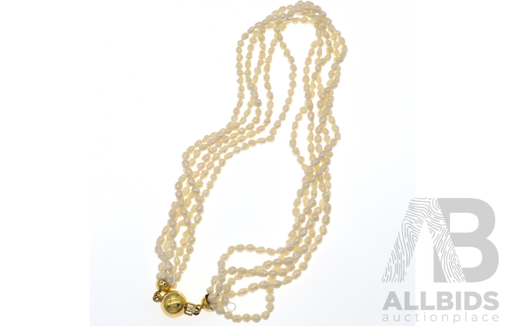 18ct Five Strand Freshwater Baroque Cultured Pearl Necklace with 18ct Ball Style Pearl Clasp, 40cm.