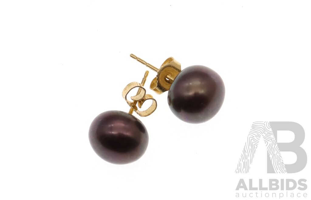 14ct Tahitian Pearl Aubergine Coloured Stud Earrings, 9.1mm Diameter, 2.18 Grams