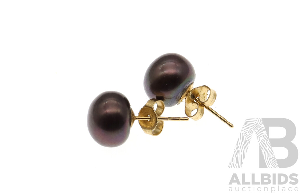 14ct Tahitian Pearl Aubergine Coloured Stud Earrings, 9.1mm Diameter, 2.18 Grams