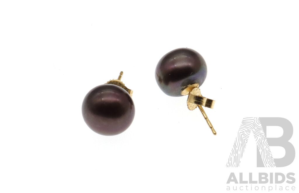 14ct Tahitian Pearl Aubergine Coloured Stud Earrings, 9.1mm Diameter, 2.18 Grams