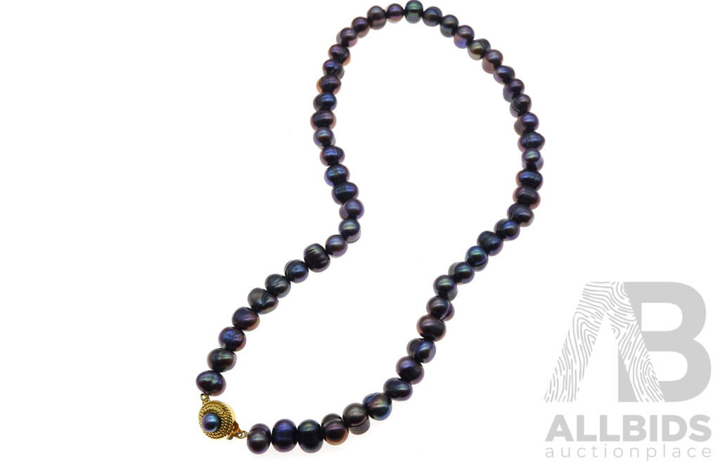 Tahitian Aubergine Baroque 9.5mm Pearl Necklace with Gold Tone Pearl Clasp, 40cm