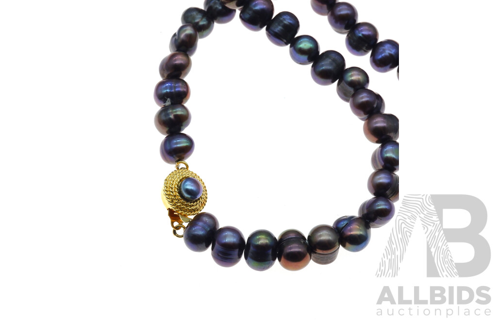 Tahitian Aubergine Baroque 9.5mm Pearl Necklace with Gold Tone Pearl Clasp, 40cm