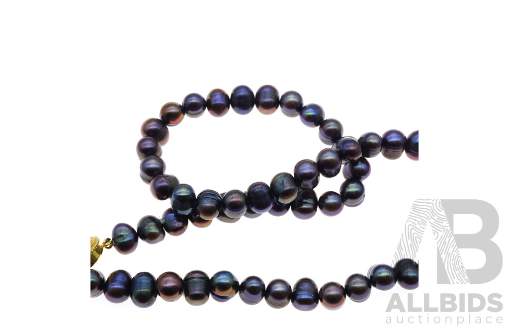 Tahitian Aubergine Baroque 9.5mm Pearl Necklace with Gold Tone Pearl Clasp, 40cm