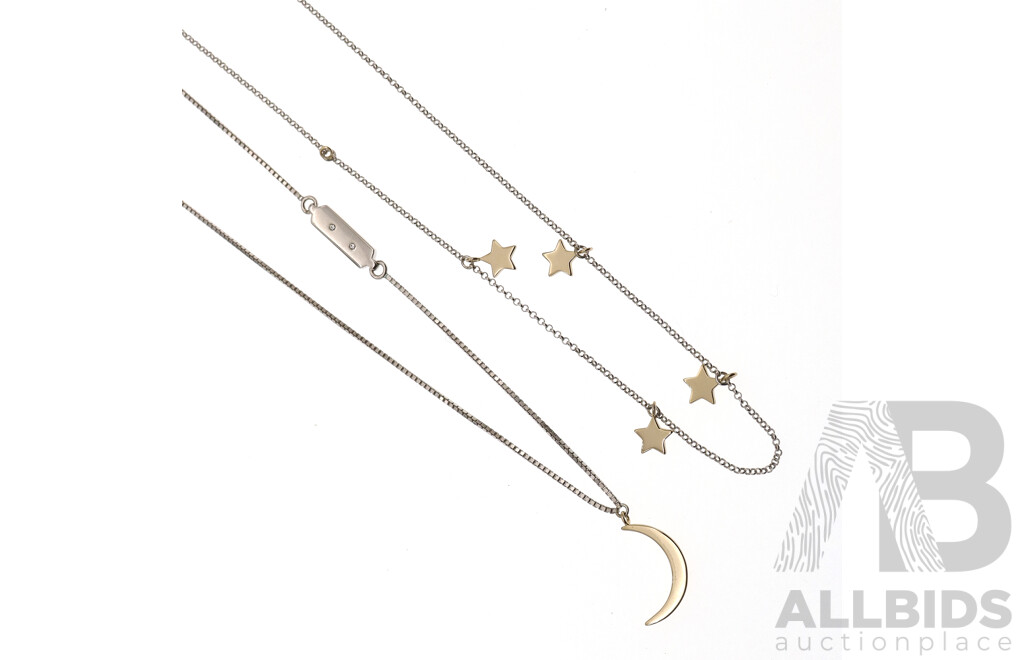 Mimco Sterling Silver (2) Necklaces with Moon & Stars, 45cm Each, 7.95 Grams