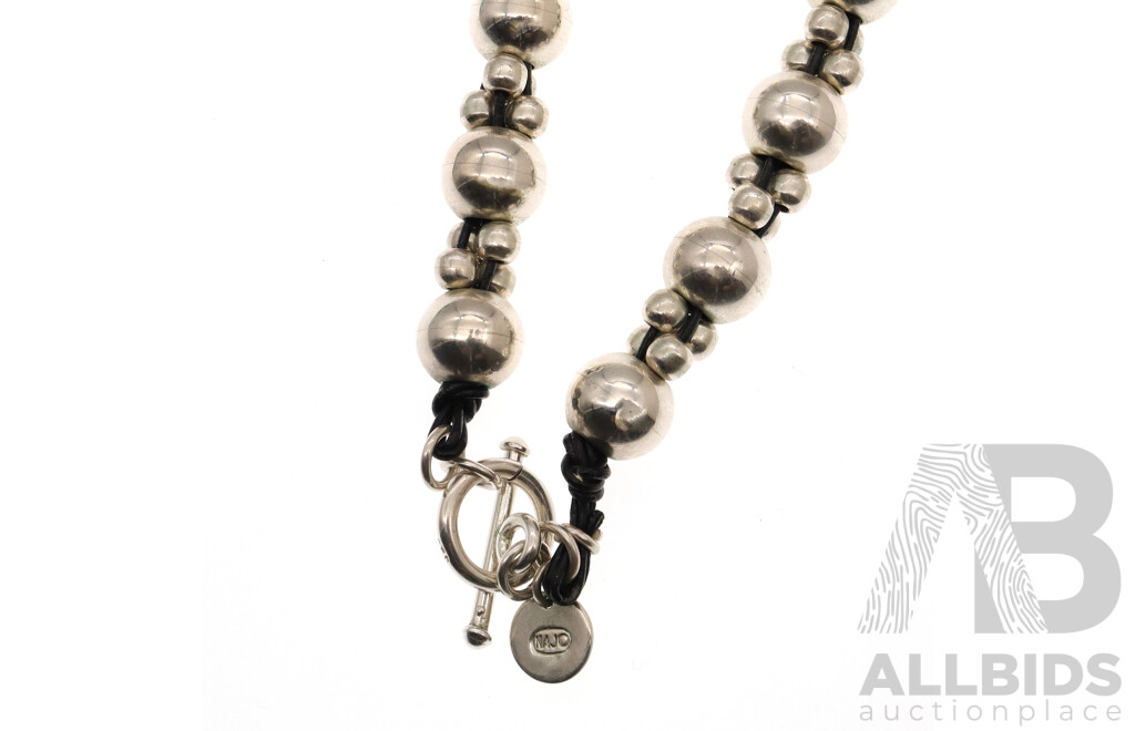 Najo Sterling Silver Beaded Necklace on Leather with T-Bar Toggle Clasp and Najo Hallmarked Charm, 80.0 Grams