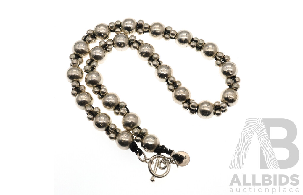 Najo Sterling Silver Beaded Necklace on Leather with T-Bar Toggle Clasp and Najo Hallmarked Charm, 80.0 Grams