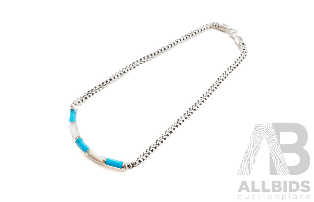 Sterling Silver Bar Necklace with Inlaid Turquoise & Mother of Pearl, 45cm, 61.0grams