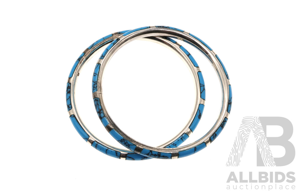 Sterling Silver Turquoise Inlaid (2) Bangles, 66mm Diameter Each, 43.0grams