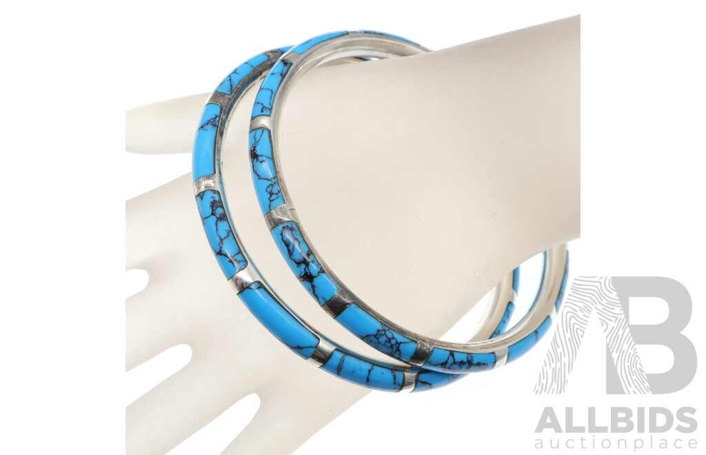 Sterling Silver Turquoise Inlaid (2) Bangles, 66mm Diameter Each, 43.0grams