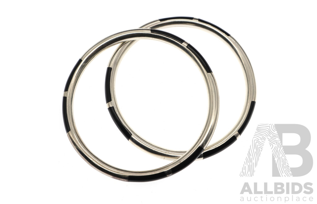 Sterling Silver Onyx Inlaid (2) Bangles, 66mm Diameter Each, 43.0grams