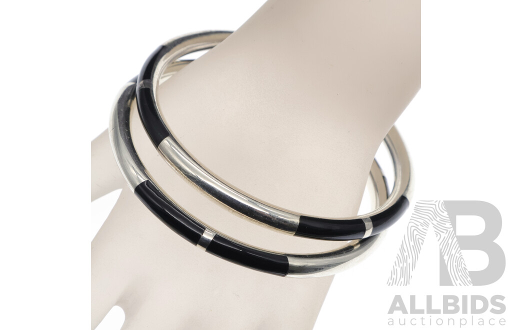 Sterling Silver Onyx Inlaid (2) Bangles, 66mm Diameter Each, 43.0grams