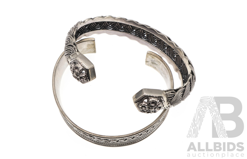 Sterling Silver (2) Open Cuff Bangles with Complimentary Designs, 65mm Diameter Each, 77.0 Grams