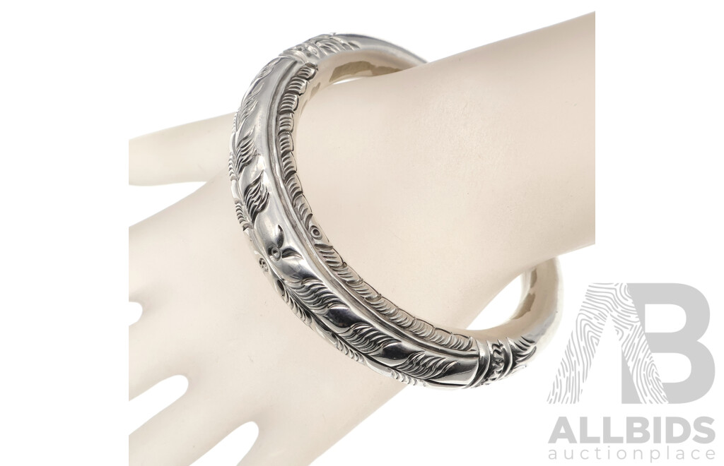 Sterling Silver Ornate Patterned Domed Open Cuff Bangle, 58mm Internal Diameter, 33.0 Grams