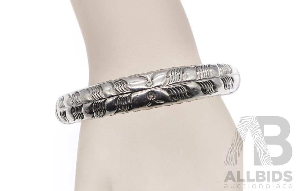 Sterling Silver Ornate Patterned Domed Open Cuff Bangle, 58mm Internal Diameter, 33.0 Grams