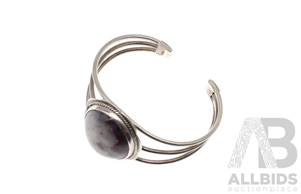 Sterling Silver Open Cuff Bangle with Rubellite Cabochon, 58mm Internal Diameter, 36.0 Grams