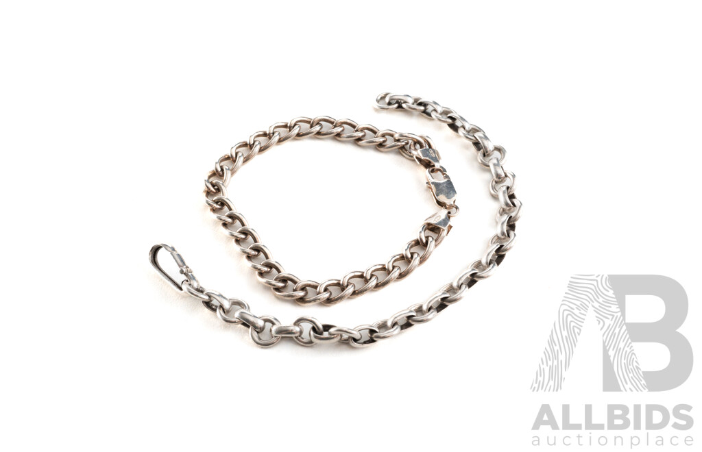 Sterling Silver Vintage Belcher Link Bracelet & Sterling Silver Curb Link Bracelet, 18cm Each, 44.51 Grams