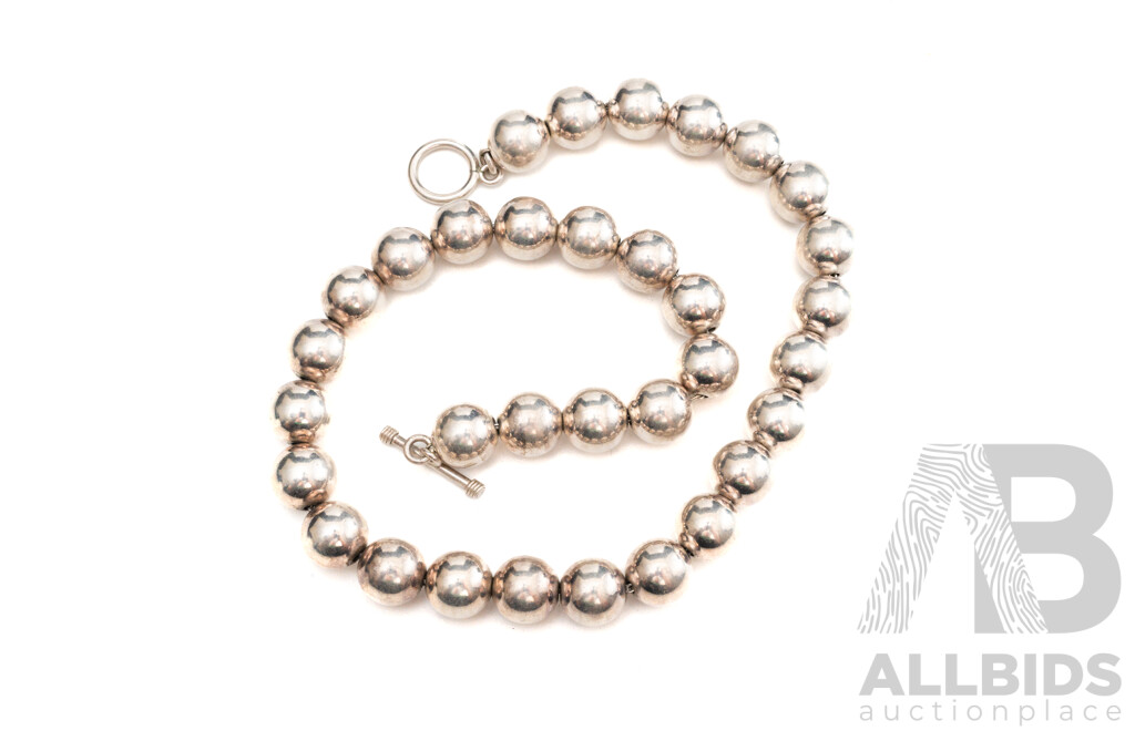 Sterling Silver Beaded Ball Necklace with T-Bar Clasp, 43cm Long, 84 Grams