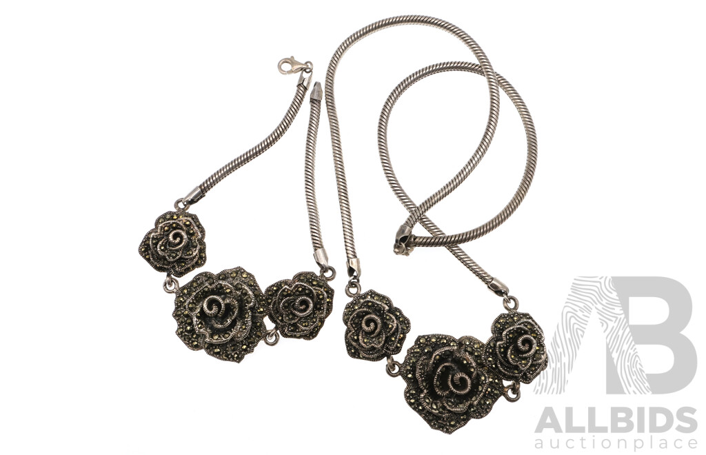 Sterling Silver Marcasite Rose Necklet on Snake Chain with Matching Bracelet 2cm, 68 Grams