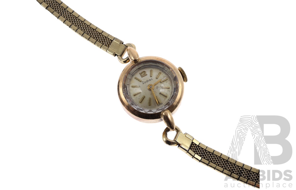 Vintage 9ct Zodiac Ladies Dress Watch with 10KT Gold Filled Band, Total Weight 12.22 Grams