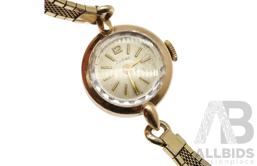 Vintage 9ct Zodiac Ladies Dress Watch with 10KT Gold Filled Band, Total Weight 12.22 Grams