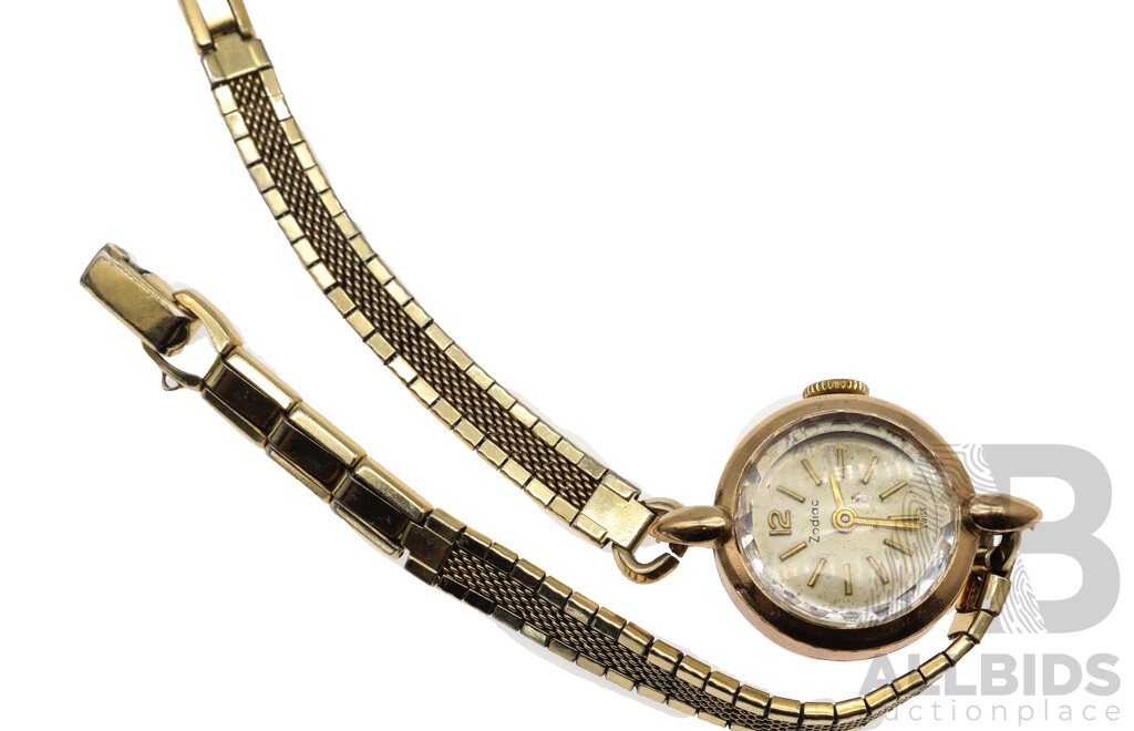 Vintage 9ct Zodiac Ladies Dress Watch with 10KT Gold Filled Band, Total Weight 12.22 Grams