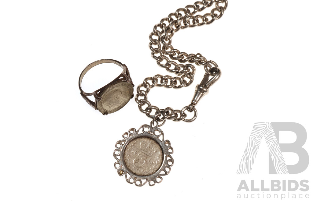 Sterling Silver Antique Fob Bracelet with Albert Clasp, (birmingham 1924) & 1920 Threepence Charm & Vintage 1921 Three Pence Coin Ring, 19.73 Grams